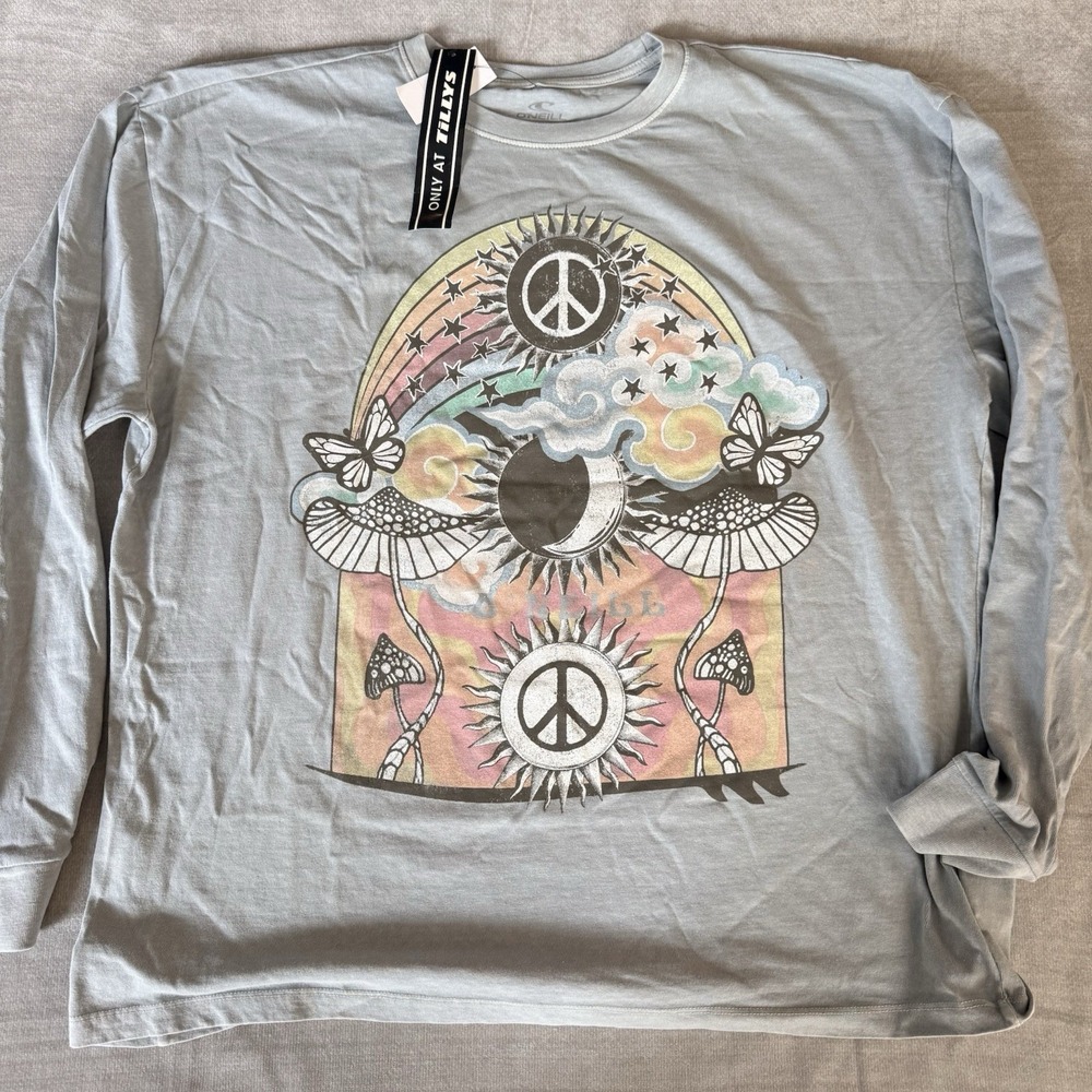 O'Neill Long Sleeve Graphic Tee XL Peace Sign Rainbow Mushroom Shirt